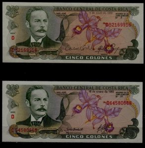 Costa Rica 2 Unc. banknotes 5 colones/ specimen