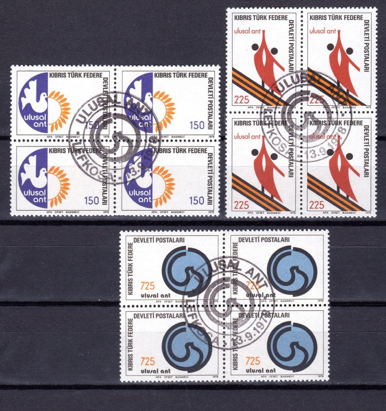 TURKISH CYPRUS 1978 NATIONAL OATH IN BLOCKS OF 4 (B4) FIRST DAY PMKS. CTO USED