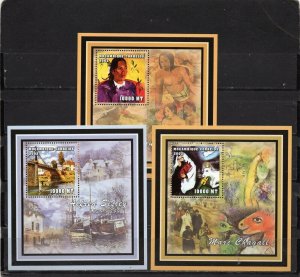 MOZAMBIQUE 2002 PAINTINGS BY P.GAUGUIN, A.SISLEY & M.CHAGALL 3 S/S MNH