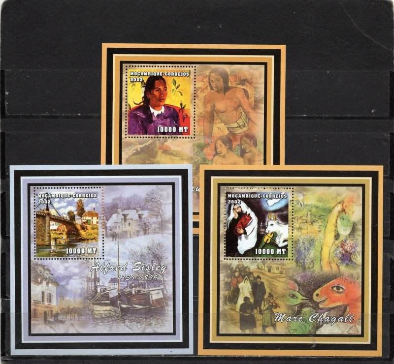 MOZAMBIQUE 2002 PAINTINGS BY P.GAUGUIN, A.SISLEY & M.CHAGALL 3 S/S MNH