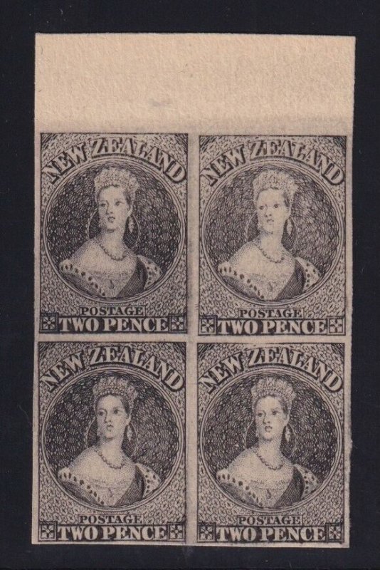 New Zealand Sc #2var (1906) 2d. black Chalon Hausburg Reprint Block of 4