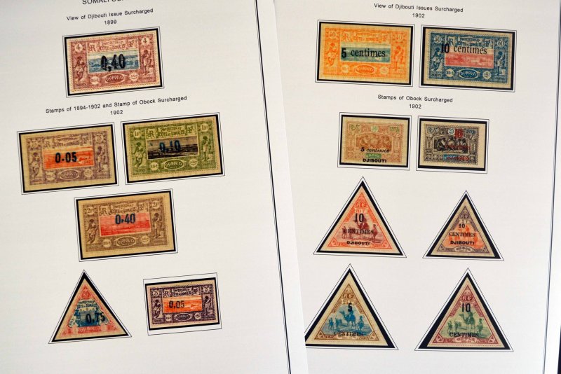 COLOR PRINTED SOMALI COAST 1894-1966 STAMP ALBUM PAGES (40 illustrated pages)