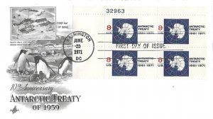 1971 FDC, #1431, 8c Antarctic Treaty, Art Craft, plate block of 4