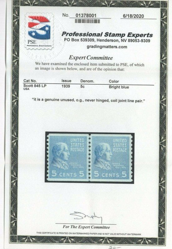 #845 Line Pair Mint OG NH w/PSE Cert. (JH 9/7/2020) 