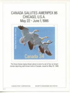 1986 Canada Birds FDOI Card Ameripex 86 (Scott 1095-8a) 