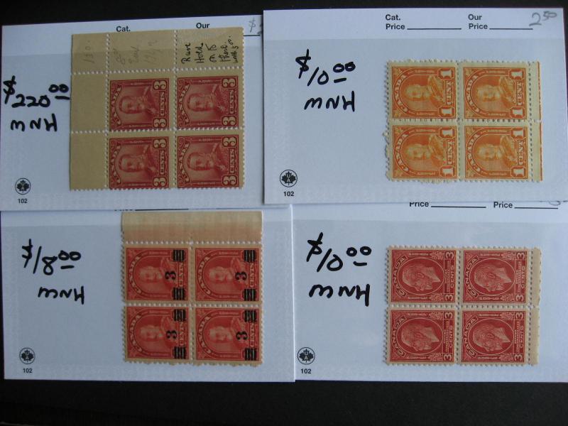 Canada old time blocks of 4 MNH in sales cards,check em out!