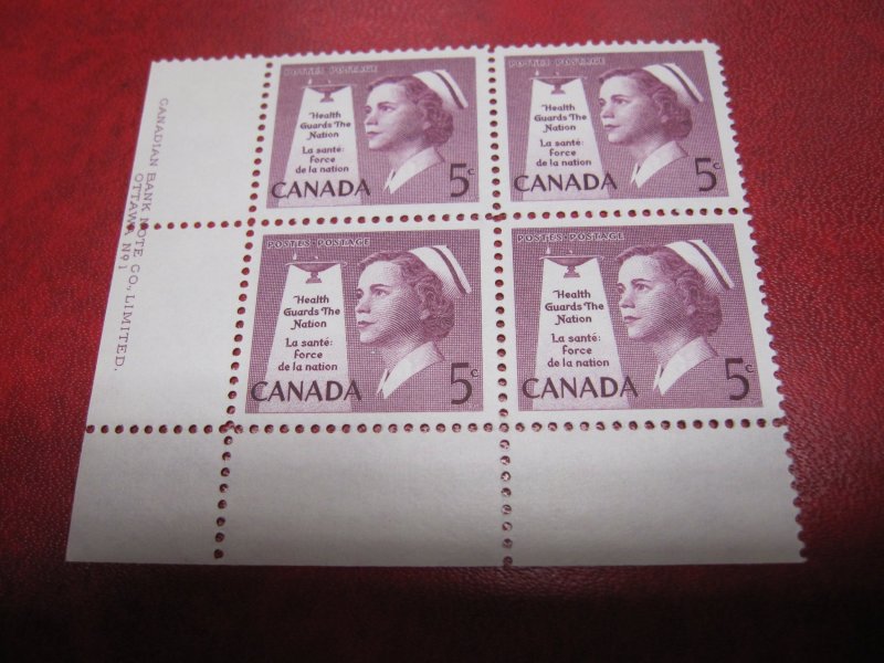 Canada Unitrade # 380 5c  Health LL Plate Block #1 of 4 MH