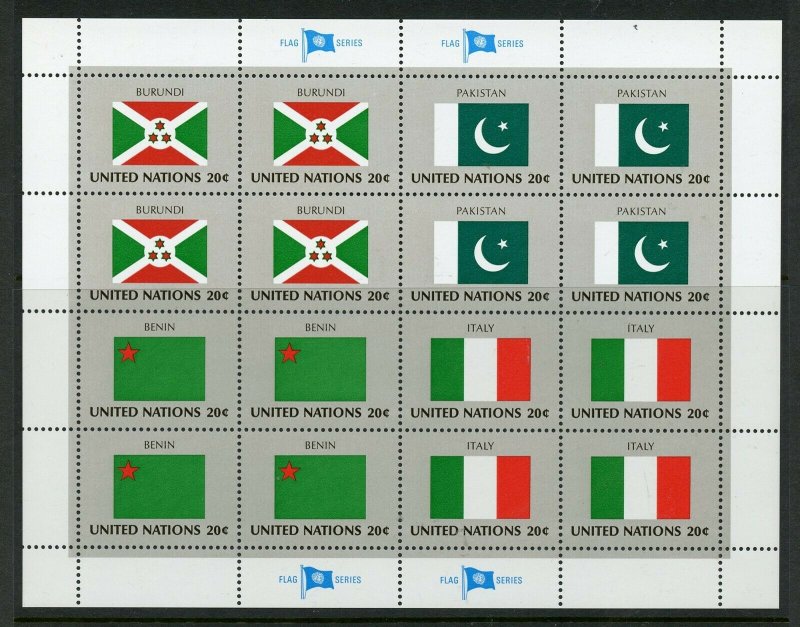 UNITED NATIONS SCOTT# 425-8 FLAGS BURUNDI PAKISTAN BENIN ITALY SHEET AS SHOWN