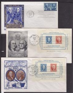US Sc 947, 948, FDCs. 1947 Stamp Centennial, CachetCraft & Smartcraft, 3 diff.