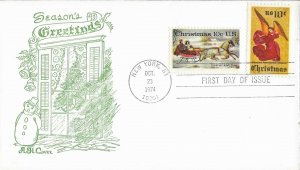 1974 FDC, #1550-1551, 10c Christmas, A. H. Cover