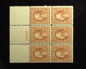 HS&C: Scott #503 4c Washington plate block of 6, PL#13572. Mint VF/XF NH