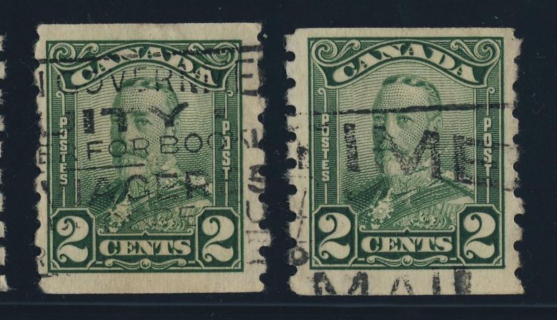 CANADA - 1928 - 2x SG 287 2c GREEN Coil Stamps - FINE/VERY FINE USED