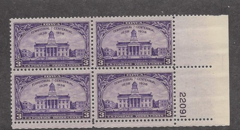 United states, 838, Iowa Terr. Cent. Plate Block of 4, Plt#22091 LR, *MNH*