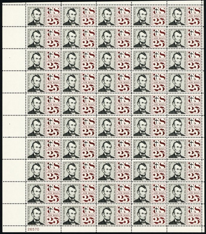 Abraham Lincoln Full Sheet of Fifty 25 Cent Airmail Postage Stamps Scott C59