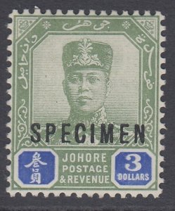 SG 99 Malaya Johore 1918-20. $3 green & blue, overprinted specimen. A fine...