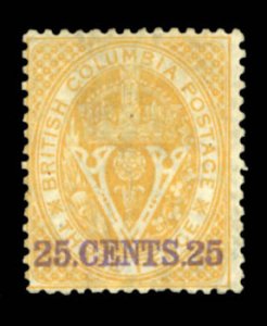 British Columbia & Vancouver Island #11 Cat$400, 1867 25c on 3p orange, large...