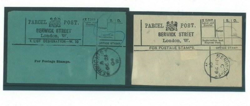 GB  PARCEL POST LABEL x 2 London  *Berwick  Street* 1900 {samwells} 23a.22 