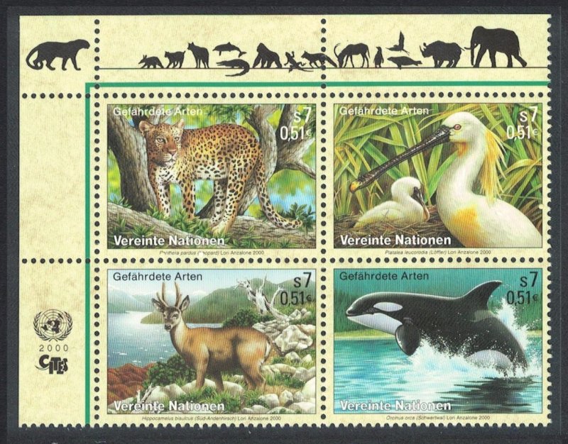 UN Vienna Birds Leopard Spoonbill Whale Guernal Block of 4v 2000 MNH