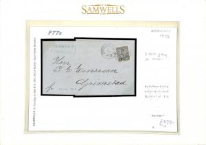 F77d Norway 3sk Grey 1872 Cover Exhibition Quality EL Entire Letter {samwells}