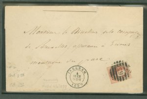 Belgium 12 Scott #12 on envelope, four slim margins plus numeral 63 bar cancel traveling from Isechem to Brussels June 4, 1859.