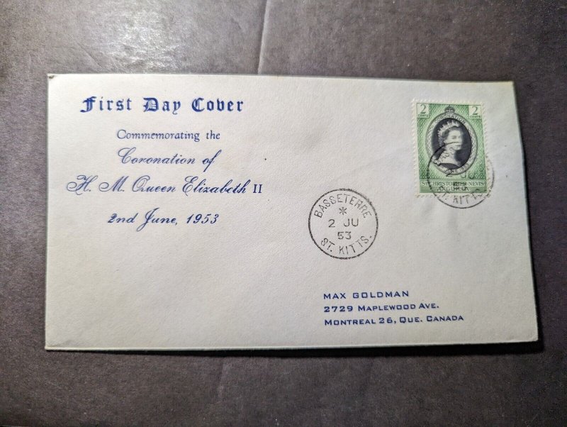 1953 British St Kitts and Nevis QE2 Coronation First Day Cover FDC to Canada