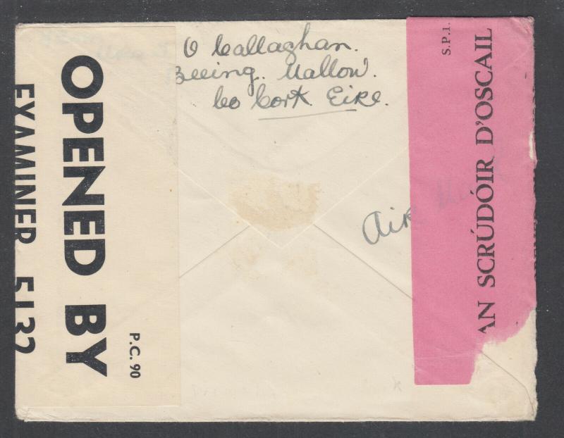 Ireland Sc 73, 74 on 1930 CENSORED Air Mail cover, Dromahane Pink Censor's Tape