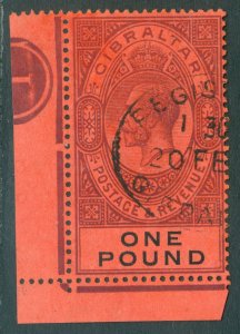 SG 85 Gibraltar 1912-24. £1 dull purple & black/red. Very fine used corner...