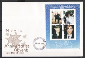 Nevis, Scott cat. 1154. Wedding of Prince Edward sheet of 4. First day cover. ^