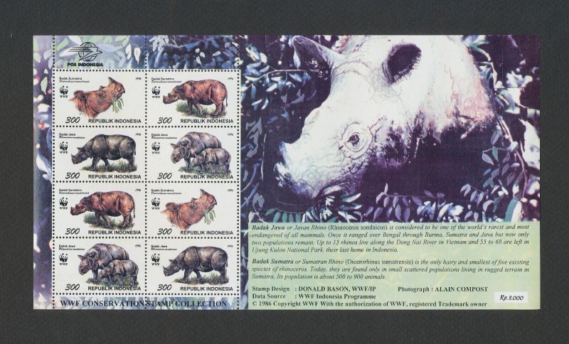 INDONESIA - Scott 1673a - FVF MNH S/S - WWF Rhinoceros -1990