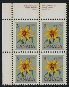 Canada 708 TL Block Plate 1 MNH Flower, Canada Lily