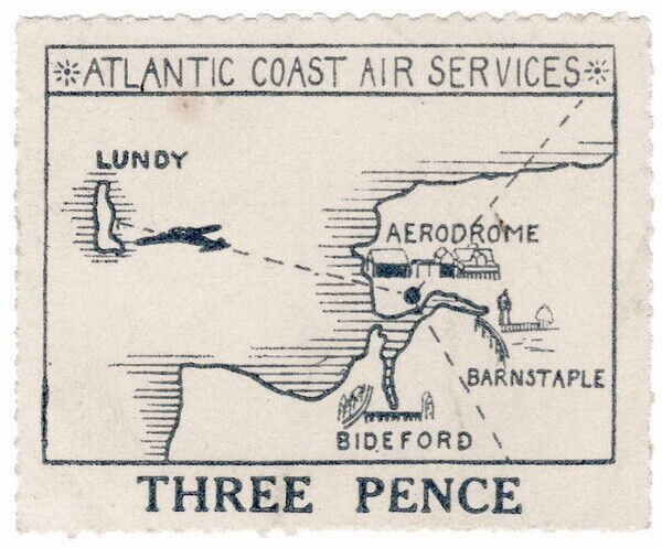 (I.B) Lundy & Atlantic Coasts Air Lines Ltd : Letter Stamp 3d (1936)