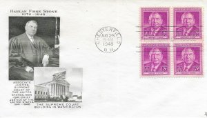 1948 FDC, #965, 3c Harlan Fiske Stone, Fulton, block of 4