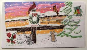 2025 Holiday Cheer FDC Hand Drawn Cachet 3 Stamps Extension Art Rabbits Cardinal