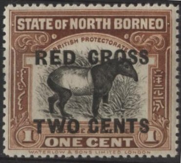 North Borneo B14 (mnh) 2c+1c Malayan tapir, choc & black (1918)