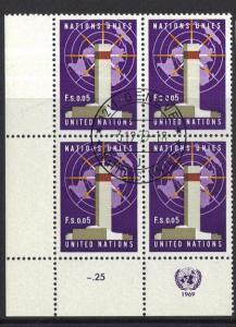 United Nations Geneva  #1  1969  5c. cornerblock of four stamps