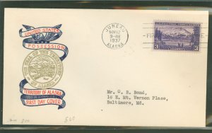 US 800 1937 3c Alaska (part of the US Possession series) single on an addressed first day cover with a Plimpton cachet.