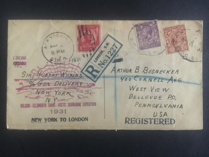 1931 London England Cover to USA Hubert Wilkins North Pole Expedition Submarine 