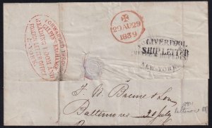 United States 1839 Baltimore to London DOUBLE FORWARDING AGENT Stampless SFL