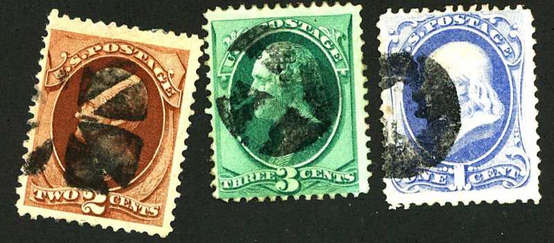 U.S. #134-136 SET OF 3 GRILLED STAMPS USED