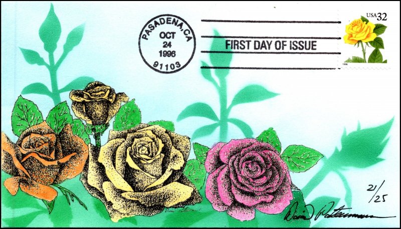 Scott 3409 32 Cents Rose David Peterman Hand Painted FDC 21 Of 25