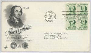 US 1279 1967 Albert Gallatin, typed address, block of 4, corner crease