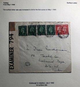 1941 Edinburgh Scotland England Censored Cover To Istanbul Turkey