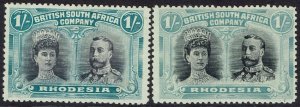 RHODESIA 1910 KGV DOUBLE HEAD 1/- 2 SHADES PERF 14