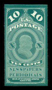 US 1865 NEWSPAPER STAMPS - FRANKLIN 10c gr DOUBLE transfer at top Sc # PR2var MH