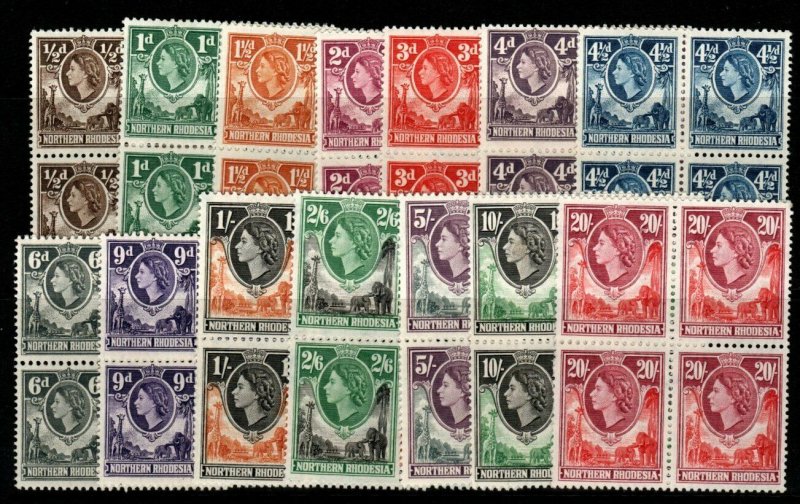 NORTHERN RHODESIA SG61/74 1953 DEFINITIVE SET BLOCKS OF 4 MTD MINT(2xMNH)
