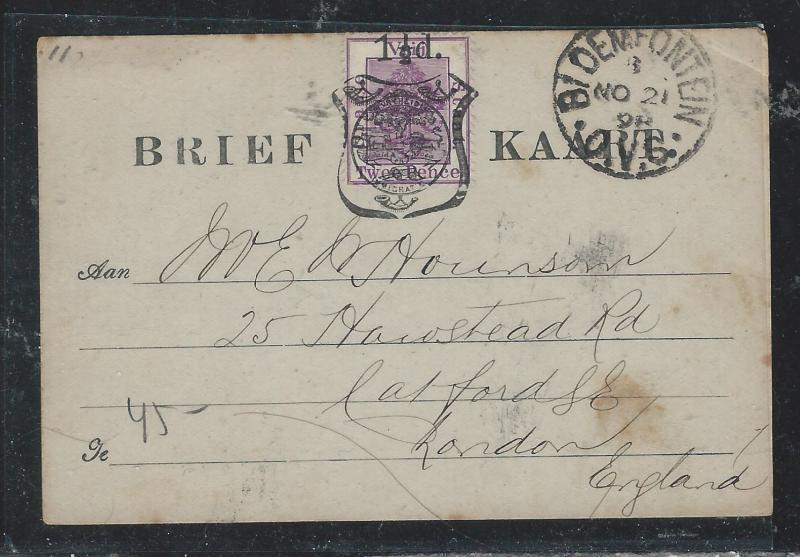 ORANGE FREE STATE (PP1110B) 1898 1 1/2D/1D PPC TO ENGLAND WITH MSG