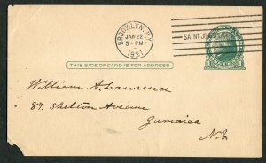 1921 US Postal Card Brooklyn St Johns Place Station to Jamaica NY Alumni Medical