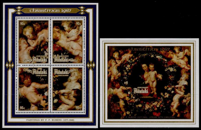 Aitutaki 412-3 MNH Christmas, Art, Paintings, Rubens,Virgin with Garland