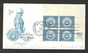 UNITED NATIONS-UNITED STATES-TRAVELED FDC EMERGENCY FORCE-BLOCK OF 4 STAMPS-1957