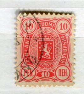 FINLAND; 1889 early classic issue fine used 10p. value, P 12.5 large holes